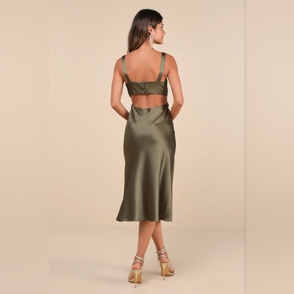 Lulus Unmatched Elegance Olive Satin Sleeveless Midi Dress S Wedding Party Prom - Picture 5 of 9